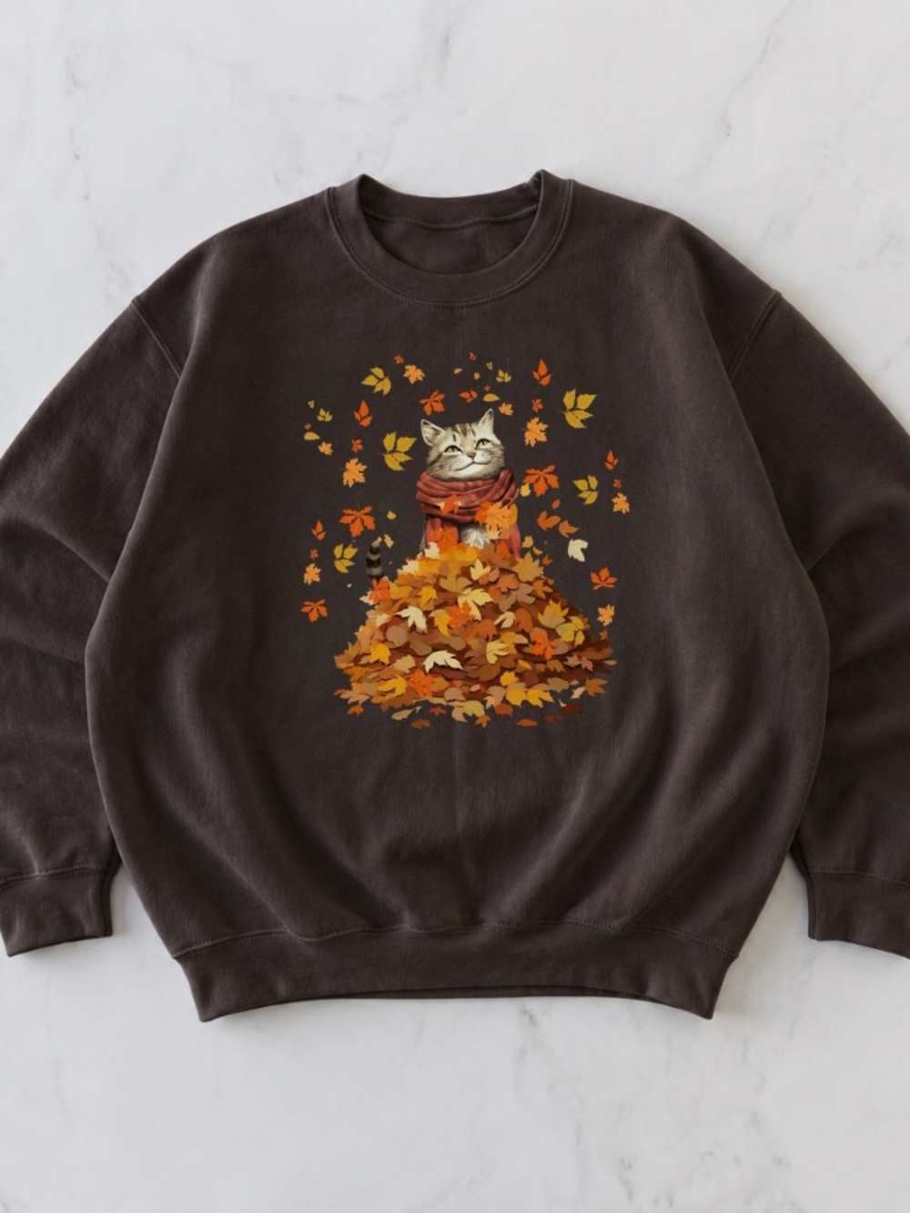 Autumn Cat Graphic Sweatshirt Cozy Fall Leaves
